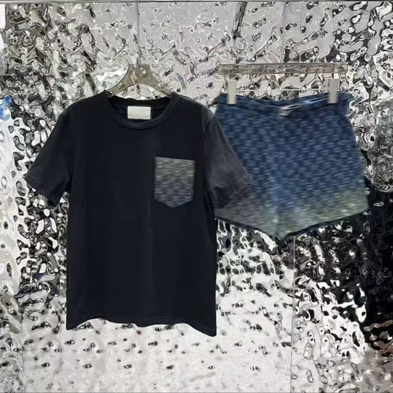 New Women's Summer Set Luxury Brand Famous Female Designer Round Neck T-shirt+Jacquard Denim Shorts Short Skirt High Quality Fashion Set