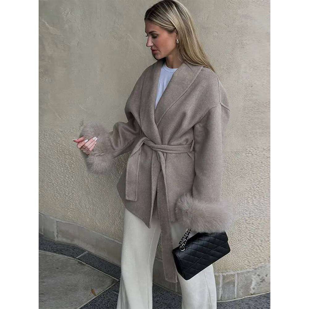 2025 Chic Lapel Plush Coat With Belt Women Vintage Solid Faux Fur Sleeve Tweed Open Coats Female Autumn Casual Street Outwear