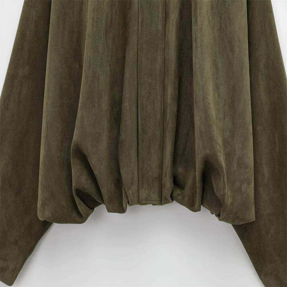 Pb&Za 2025 Women Faux Suede Collared Jacket With Shoulder Straps Loose Fit Stylish Olive Green For Sale On