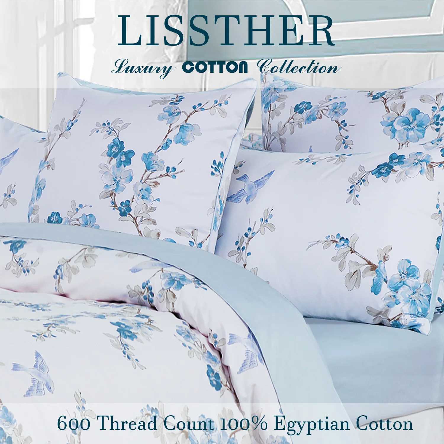 3pcs 600TC 100 Egyptian Cotton Duvet Cover Set Blue Watercolor Floral Soft Breathable SkinFriendly No Inserts C250912