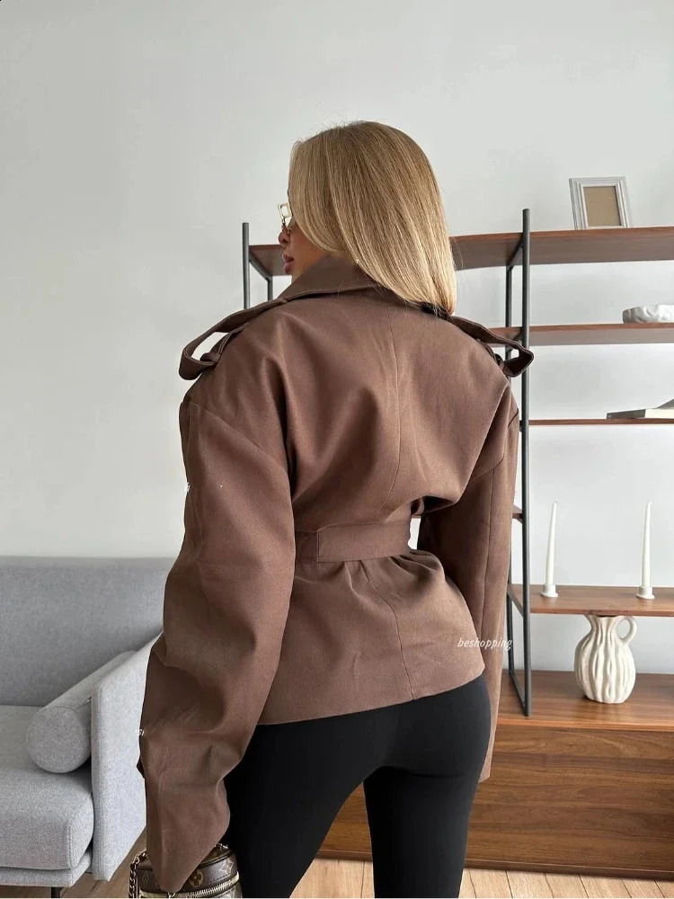 Women Lace Up Lapel Short Trench Coat Fashion Solid Waist Cinching Long Sleeve Windbreaker Chic Autumn Lady Outwear 250911