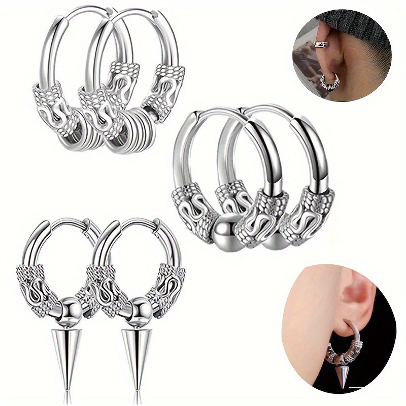 Hip-Hop Unisex Fashionable Retro Tibetan Dragon-Pattern Stainless Steel Beaded Earrings with Round Wire & Pointed Cone Details