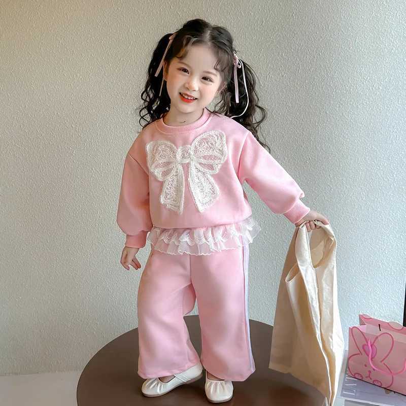 2025Spring New Spring and Autumn Lace Stylish Lace Sweatshirt Casual Girls Sweatpants TwoPiece Set C250912