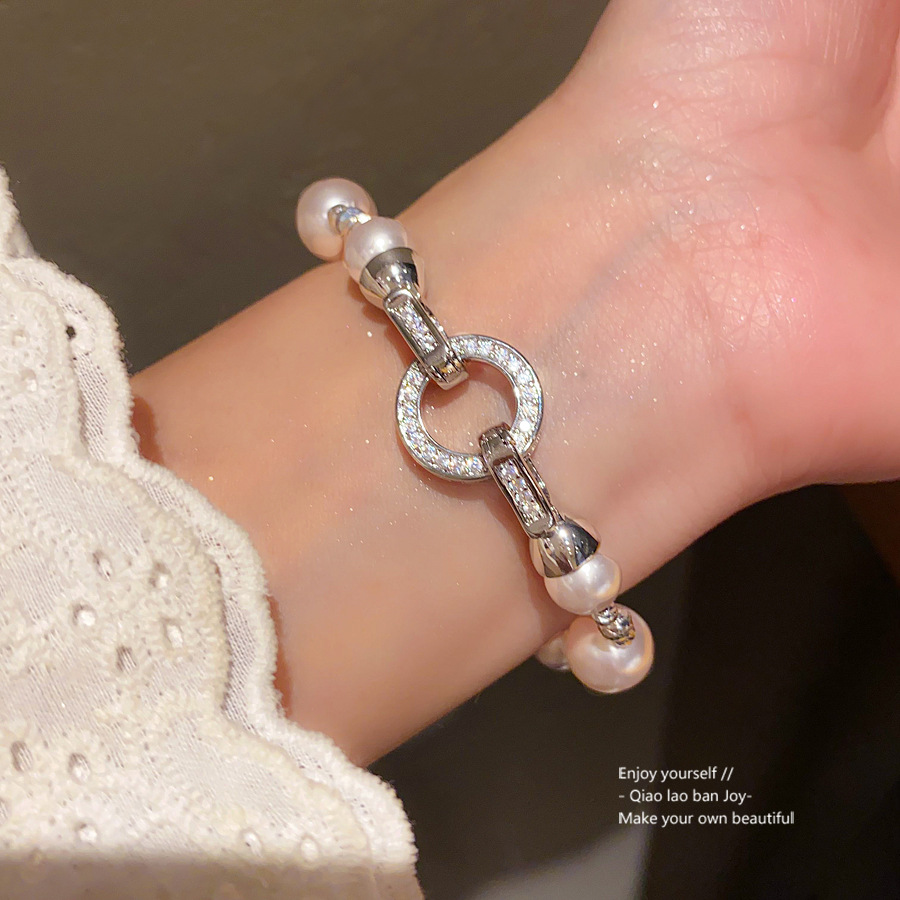 Silver - Toned Bracelet With Pearl Beads And Rhinestone Circle Accent Delicate Daily & Elegant Jewelry Gift For Her Dainty And Classy Accessory