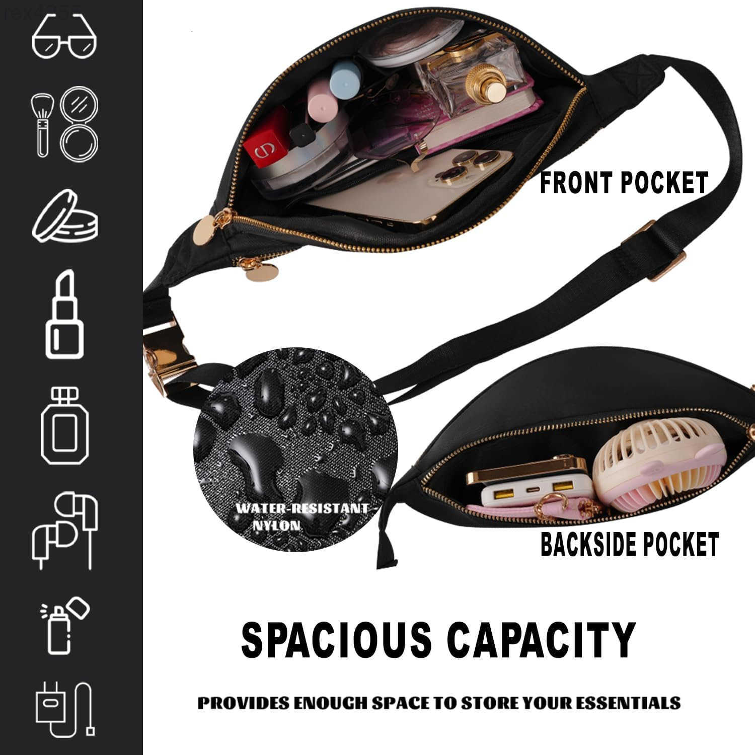 Fanny Pack Crossbody for Women Nylon Travel Waist Belt Bag BlackW250912