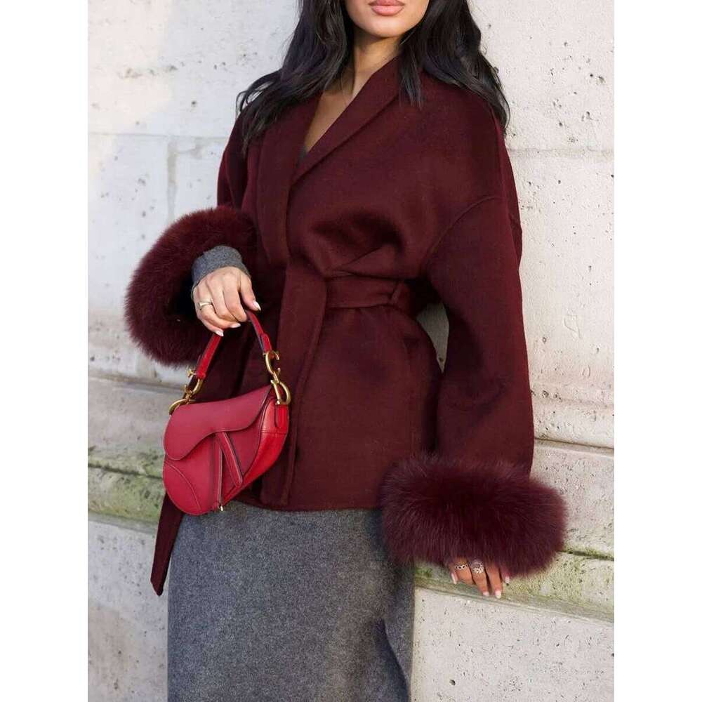 Dresses VGH Solid Spliced Lace Up Slim Coats For Women Lapel Long Sleeve Patchwork Artificial Fur Wool Coat Female Autumn Fashion Style
