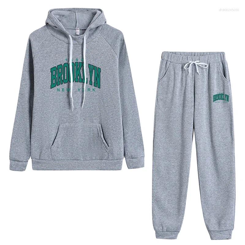 Women's Two Piece Pants Autumn Winter Casual Sports Jogging Suits Green Printed Hoodies And Sweatpants Girls Urban Fashion Warm