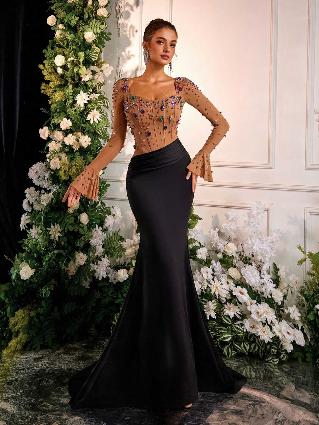 Fashion Jewelry Mermaid Evening Dresses Long Sleeves Square Neck Prom Party Dresses Vestidos De Gala Customized