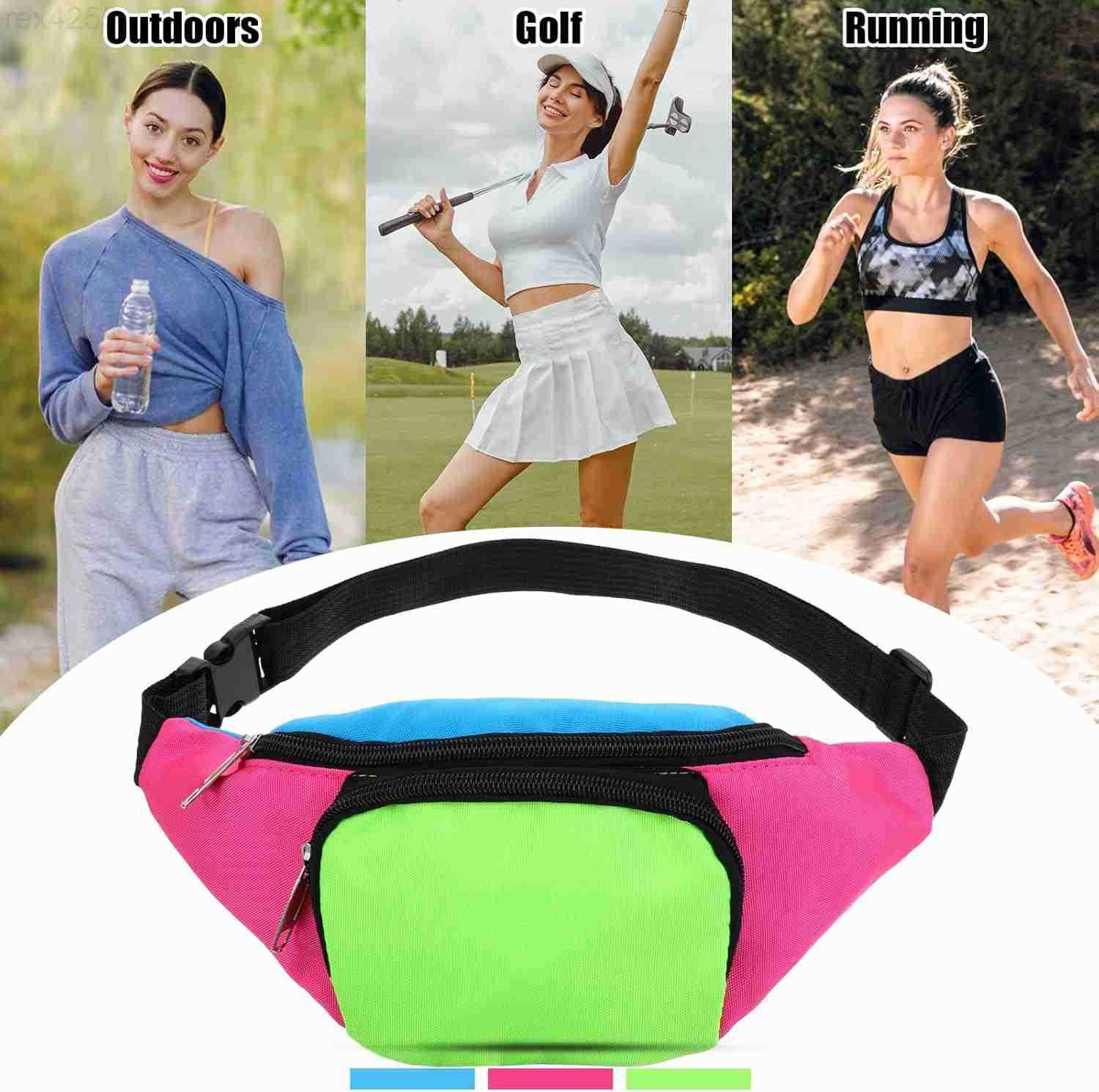 80s Neon Rave Fanny Pack with 2 Pockets Retro Belt Bag Waist Packs for Women Men Color blocked 80s Accessories Plus Size Belt Bag for Jogging Travelin
