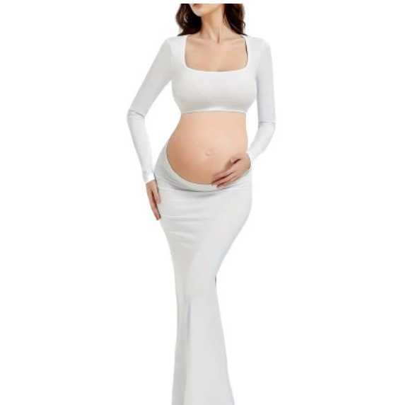 Pregnant women's photo shoot clothing: elastic pregnant women's dress, fishtail dress, cut-out back and exposed belly, floor-length dress fo