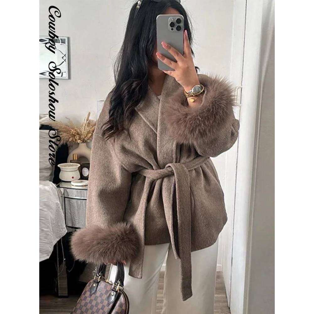 Elegant Lace Up Woolen Short Coat Solid Loose Lapel Furry Belt Long Sleeve Female Jacket 2025 Autumn Winter Lady Chic Cardigan