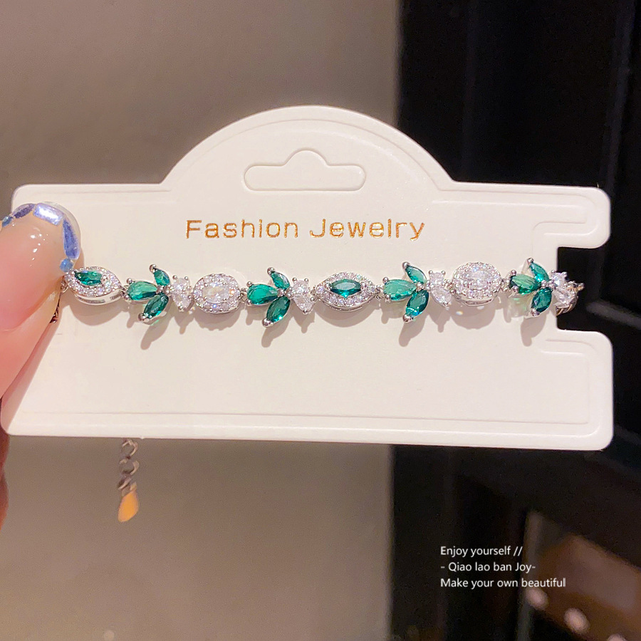 Silver - Toned Bracelet With Green Gemstone Leaf Accents And Rhinestone Details Delicate Daily & Elegant Jewelry Gift For Her Dainty And Stylish Acces