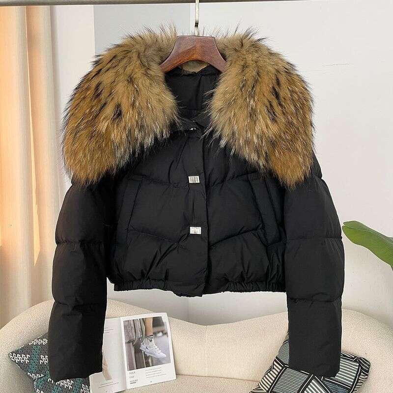 Women's Clothing Spot Winter New Women's Short Thick Warm Oversized Real Raccoon Fur Collar Down Jacket Small Size Coat