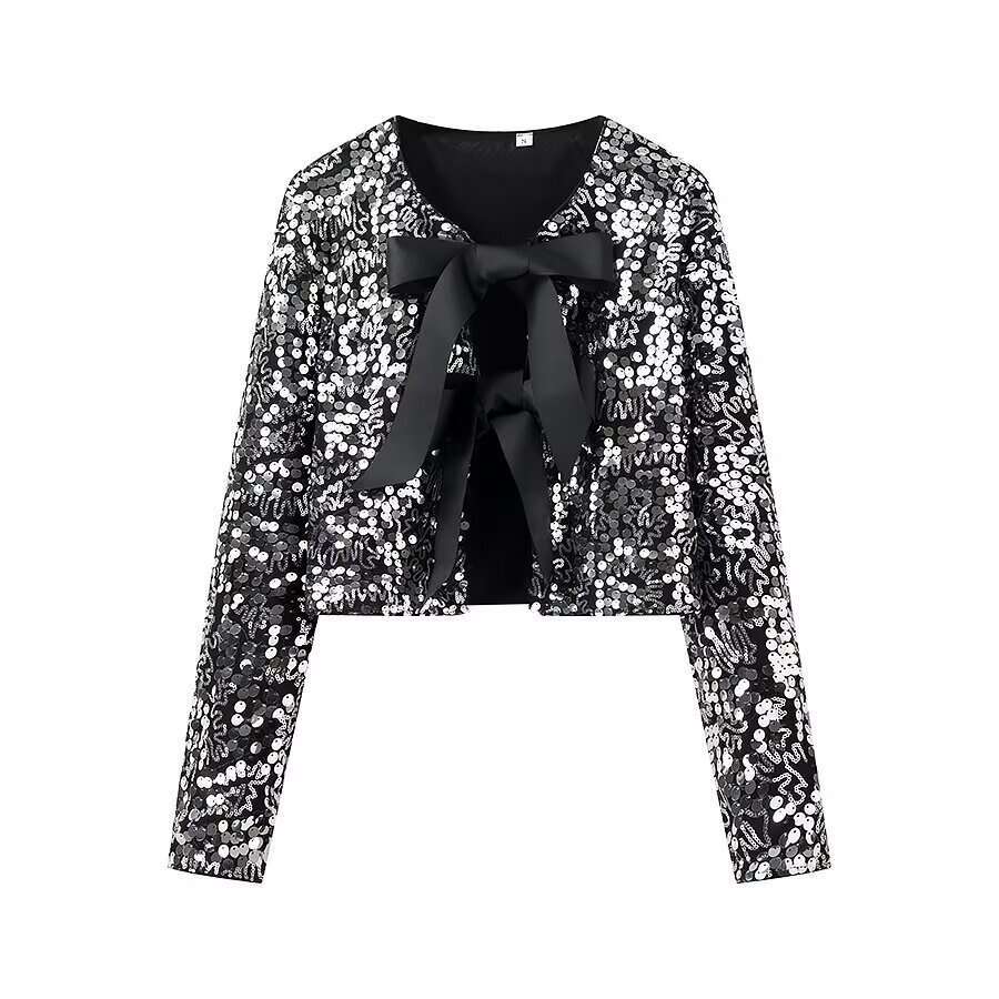 DHEssentials 2025 Summer New French Style Small Chanel Design Bow Tie Sequin Decorated Long Sleeve Top