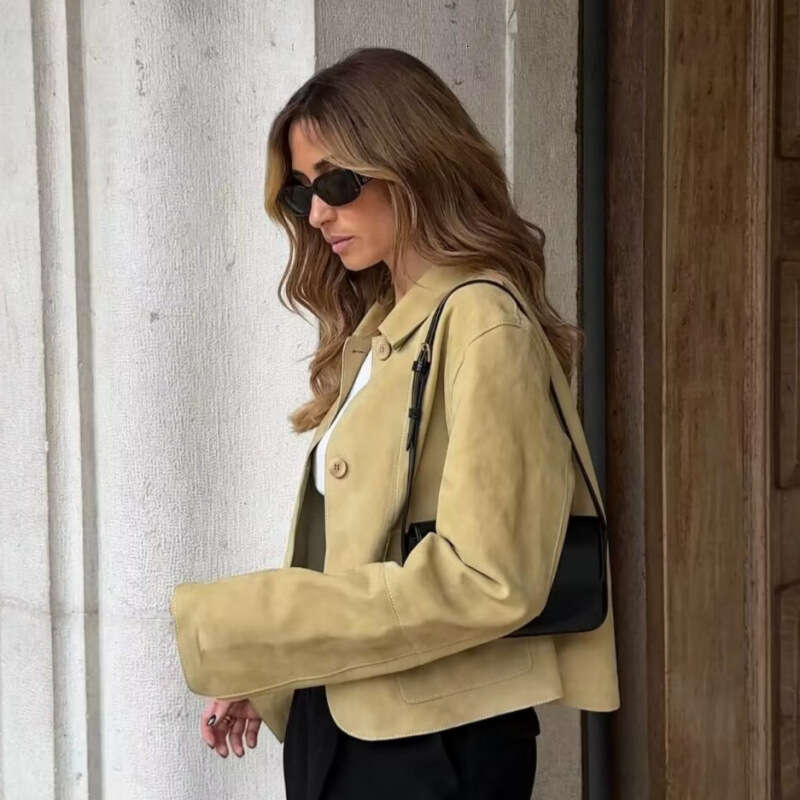 DHEssentials 2024 Autumn New Fashion Double Pocket Small Chanel Style Suede Jacket Coat Women Top A14035