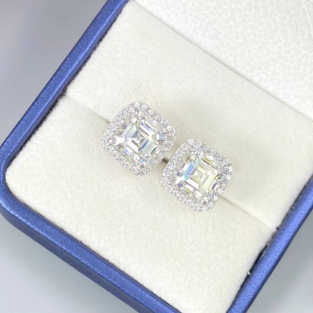 FOXI 925 Sterling Silver Earring square Asscher Cut Moissanite Diamond Halo Earrings Screw Back Post Stud Earrings for Men Women
