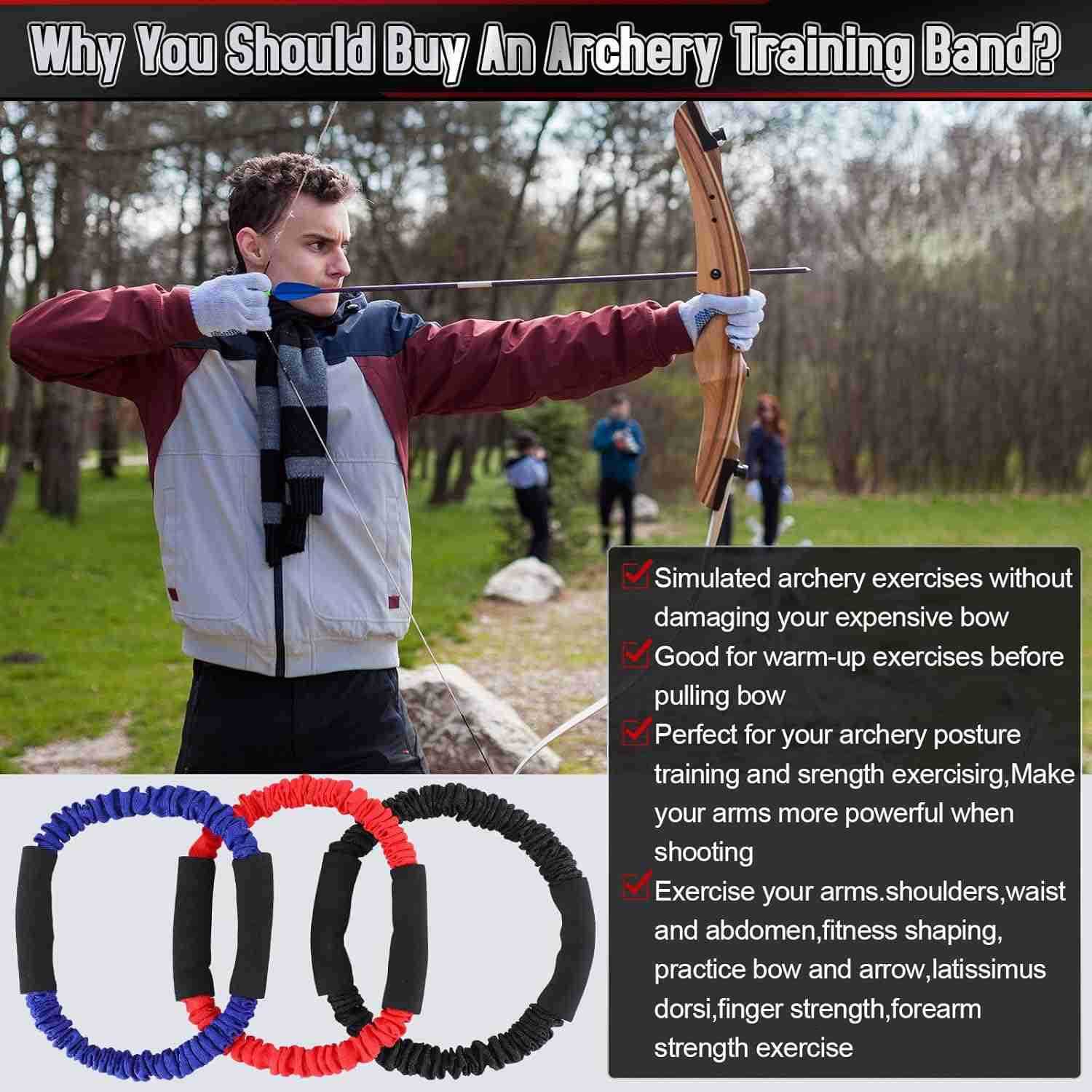 3 Pcs Archery Bow Strength Trainer 30 40 50 Lbs Arm Strength Exercise Band Rubber Stretch Bands Archery Accessories for Bow Practice Shooting Accessor