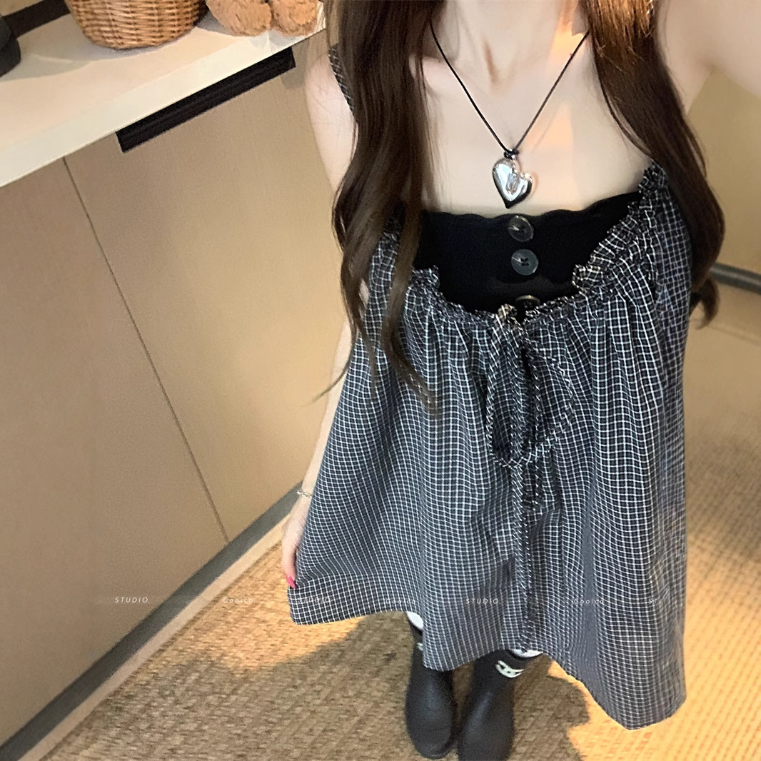 D15533 White Moonlight French Style Wood Ear Lace-up Plaid Suspender Dress for Women Summer