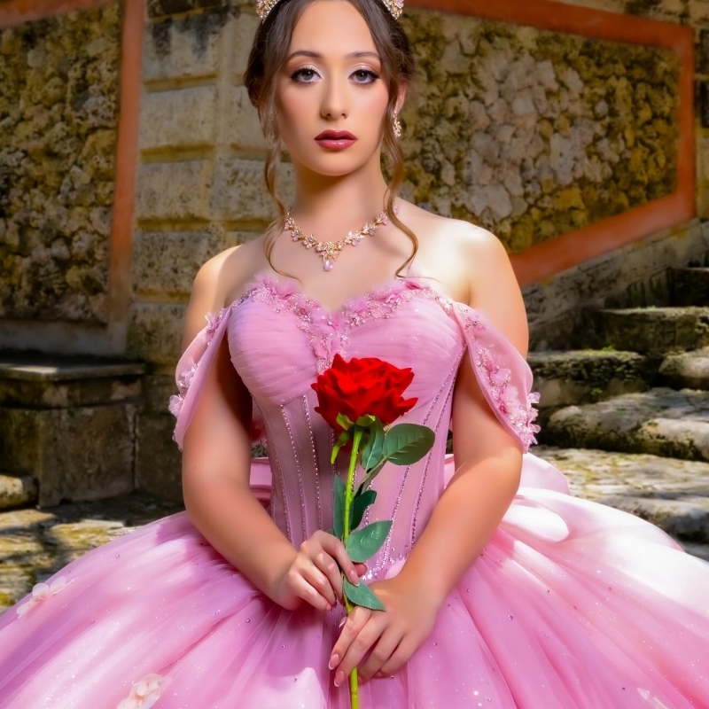 Pink Shiny Ball Gown Quinceanera Dresses Off The Shoulder Applique Flower Beads Corset Tull Party Birthday Sweet 16 Dress Vestidos 15 De Anos