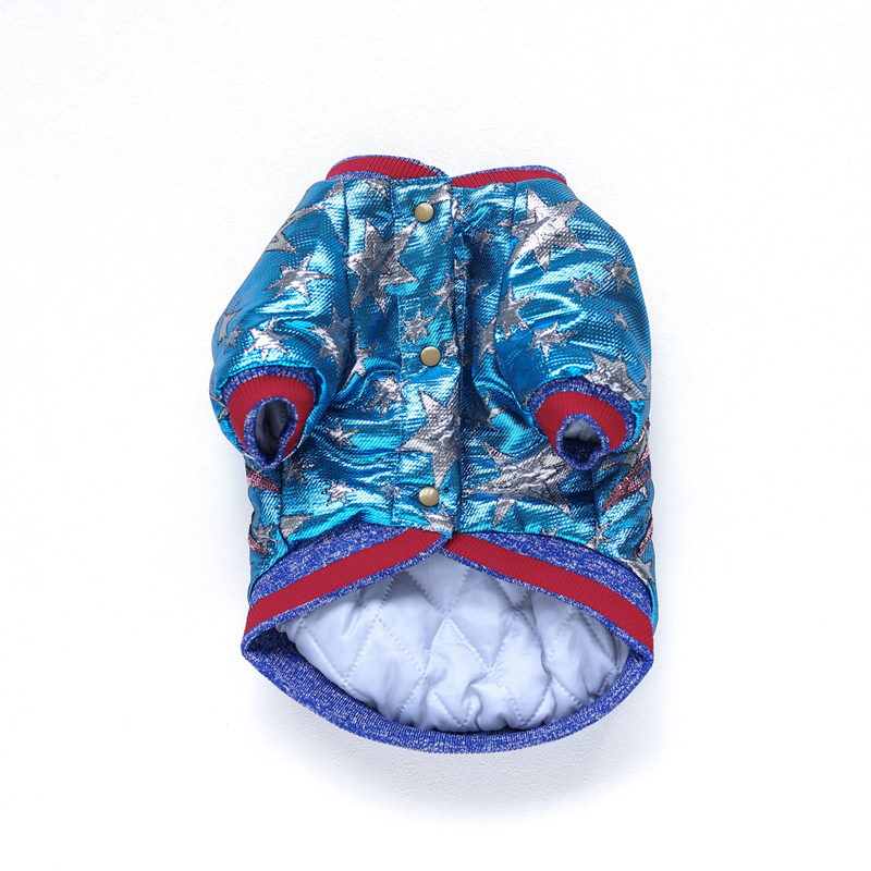 Designer Dog Clothes Superstar Retro Blue Dog Bomber Jacket, Snap Closure, Thick & Warm, 5 Sizes (S-XL) for Dogs 3-20kg, Ideal for French Bulldogs & A