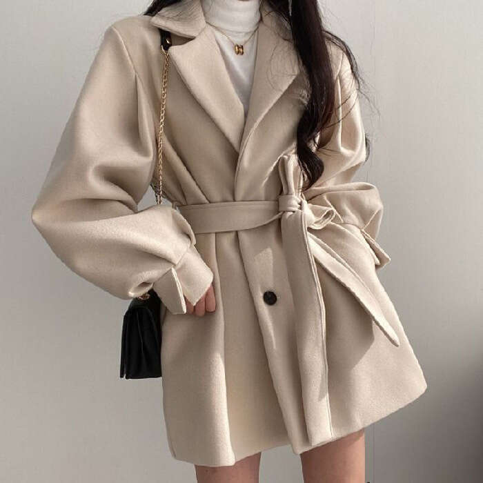 womens coat jackets womens fur coat Autumn Winter Korean Style New Small Petite Mid-Length Woolen Coat Women Lantern Sleeve Suit Collar Tie Coat