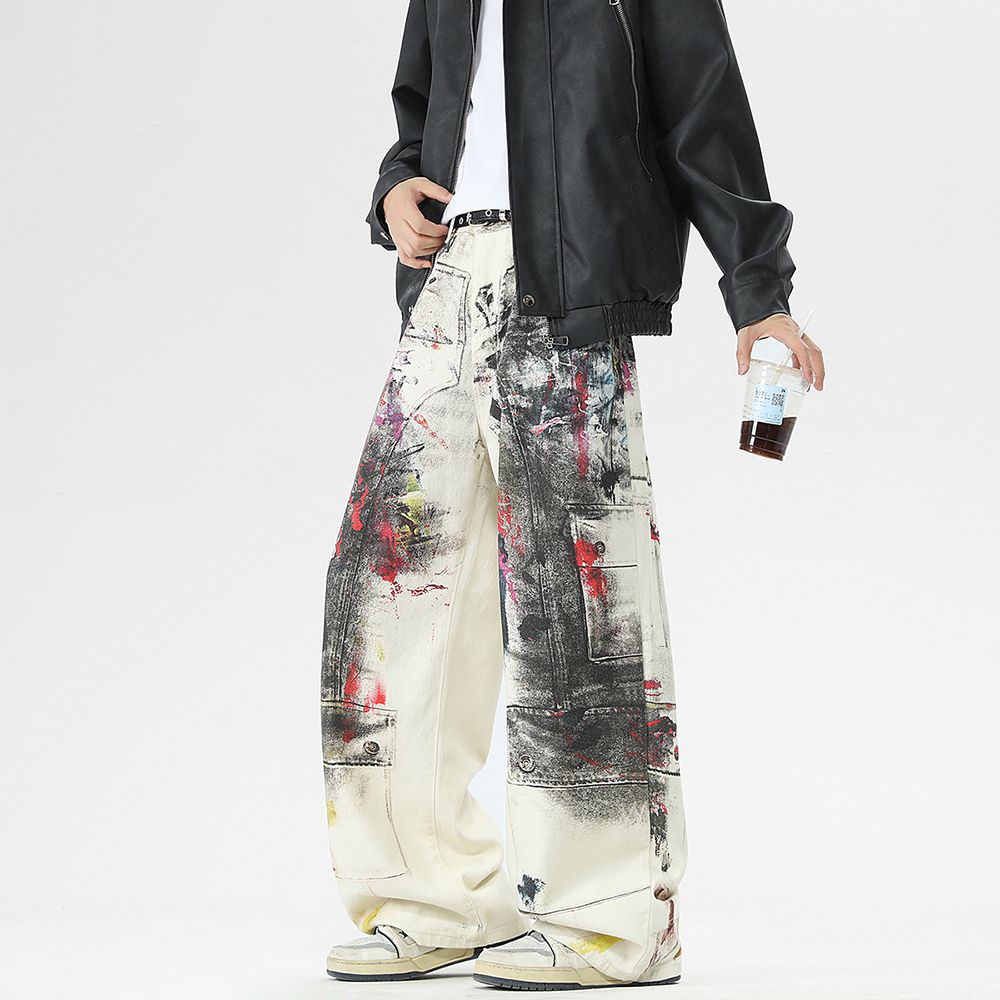 Men's Jeans New Digital Print Loose Jeans, Trendy Artistic Splash & Faded Style Denim Pants