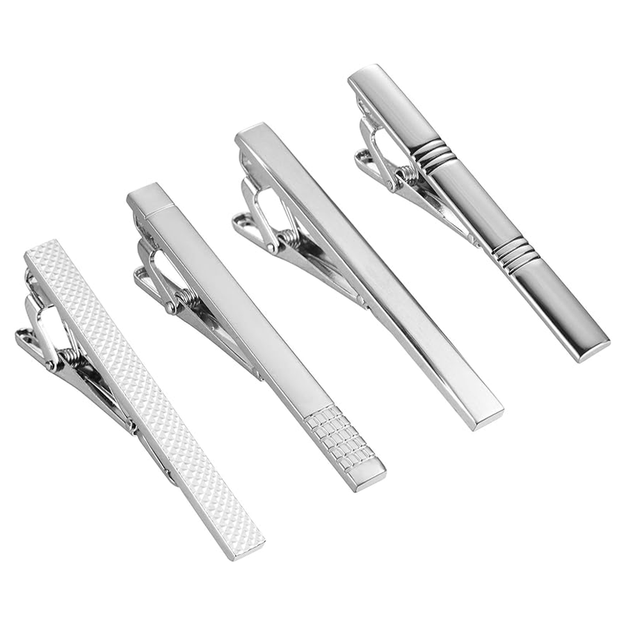 4Pcs Tie Clips Set Men Tie Bar Clip Set for Regular Skinny Ties Necktie Wedding Business Clips for Men Silver Tone