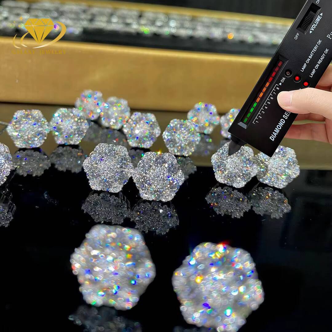 Hotsale Iced Out Hiphop Diamond Earring Silver 925 Vvs Moissanite Stud Earrings Iced Out Cluster Flower Stud Earrings