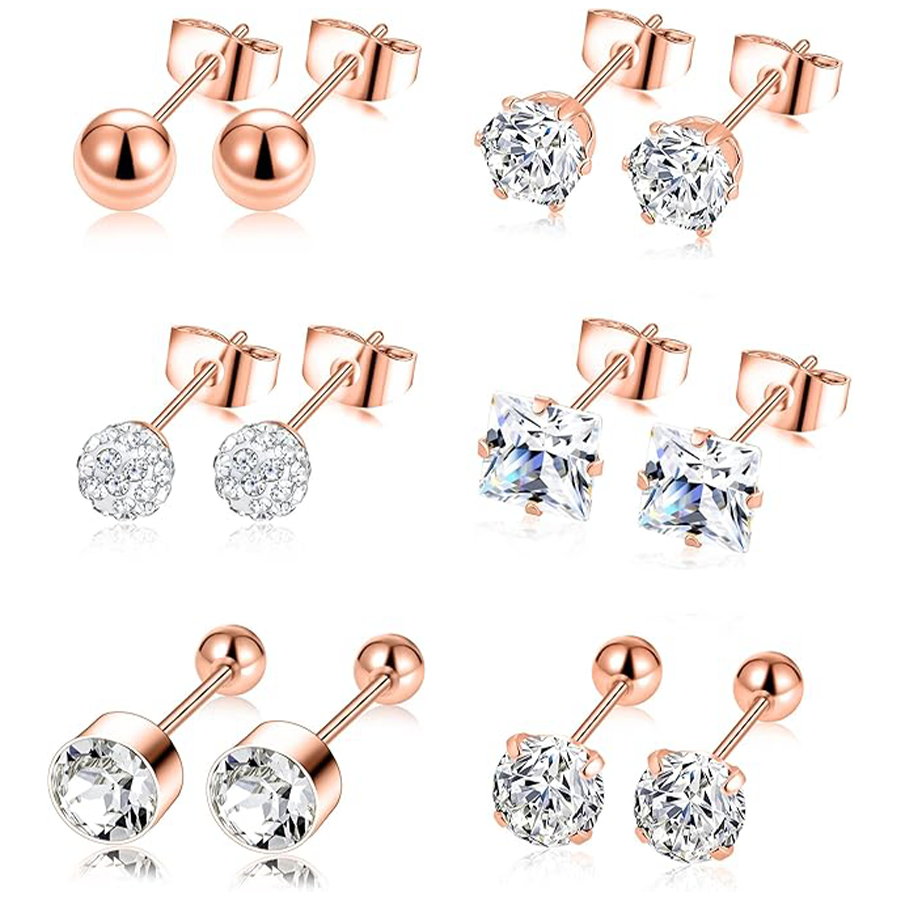 6 Pairs Stainless Steel Stud Earrings CZ Ball Earring Set For Men Women 6MM Rose Gold Tone