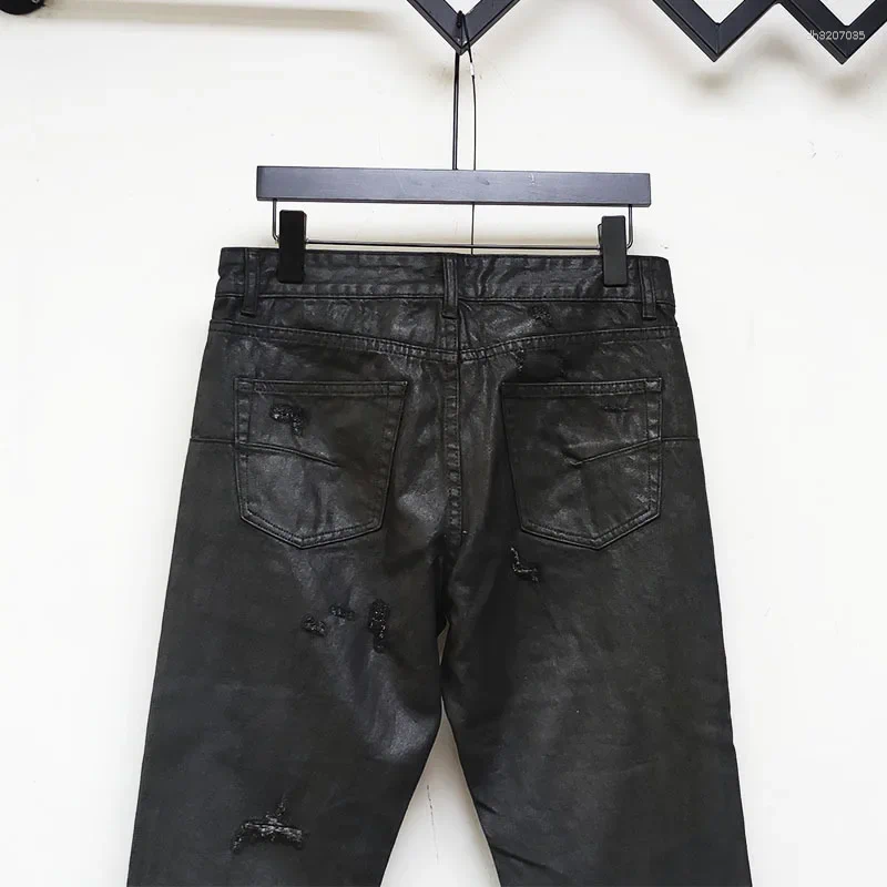 Mens Jeans Men Dark Fashion Streetwear Damage Waxed Denim Pants Coating Holes Washed Slim R251013