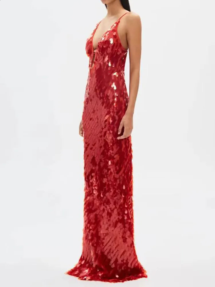 Backless Sequins Patchwork Simple Party Dress Women Summer Solid Deep V Neck Maxi Hollow Zipper Ladies Vestido 250912