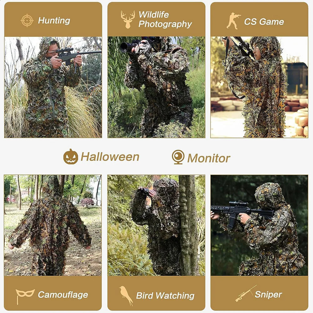 Ghillie Suit Men Women Kids 3D Leafy Bionic Camouflage Hunting Clothing CS Shooting Suit Tactical Combat Clothes Set250911