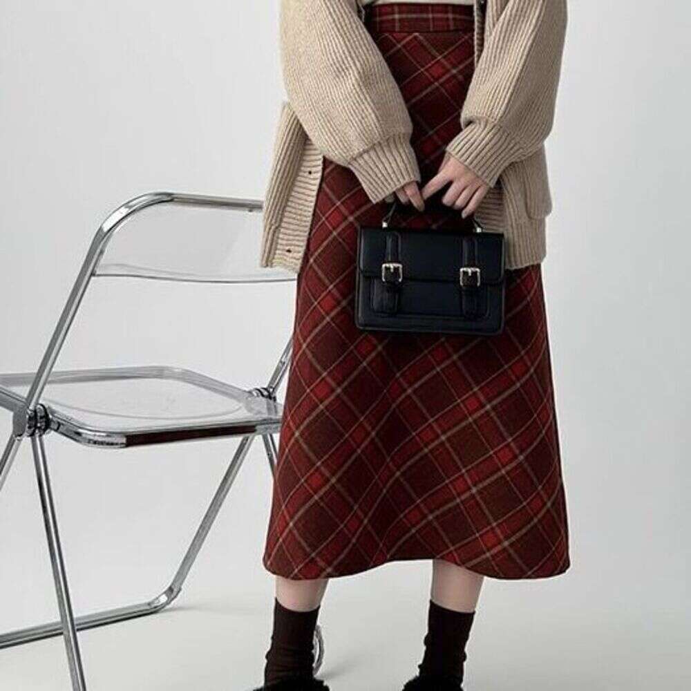 DHEssentials Red Plaid Woolen Midi for Women, Autumn and Winter French Style, Slimming High Waist Mid-Length A-Line Skirt