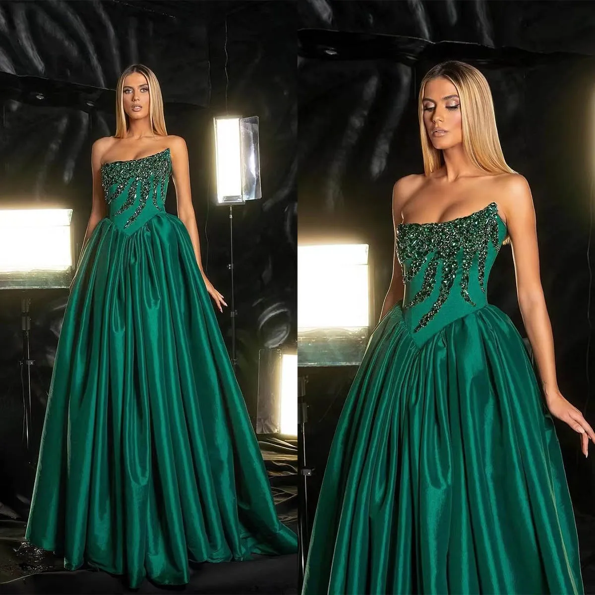 Rhinestones Beaded Emerald Green Evening Dresses Sleeveless Strapless A-Line Classic Satin Long Prom Gowns Floor Length Crystals Special Occasion Dres