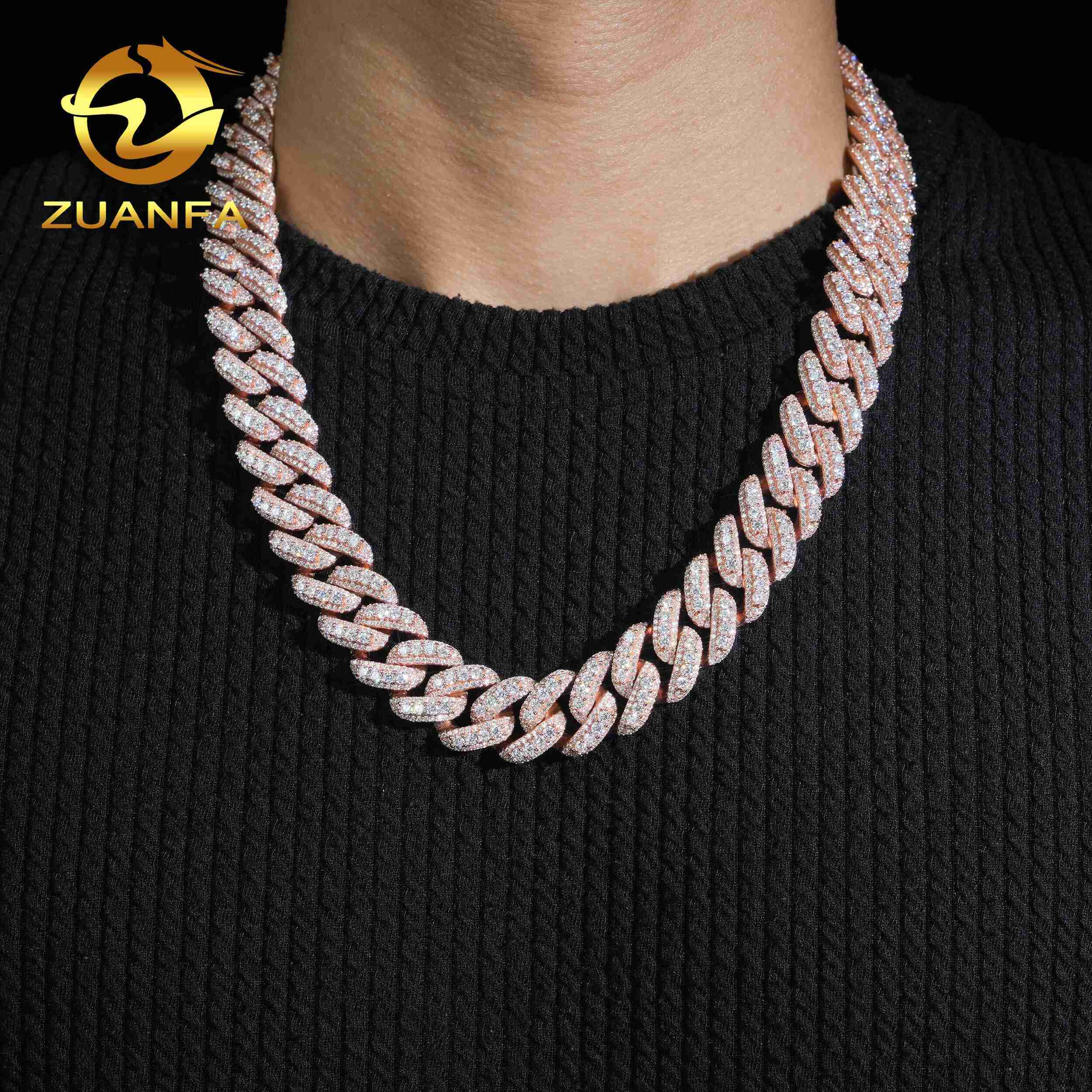 Pass Diamond Tester Rose Gold 18mm Iced Out Moissanite 925 Sterling Silver Hip Hop Cuban Link Chains