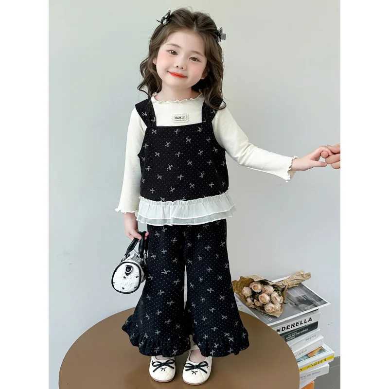 2025Girls Spring and Autumn New Casual Stylish Full Print Bowknot Base Shirt HighQuality Pants ThreePiece Set C250912