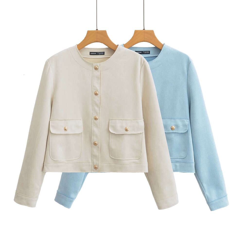 DHEssentials 2025 Summer New French Style Small Chanel Round Neck Single-Breasted Suede Texture Short Long Sleeve Jacket