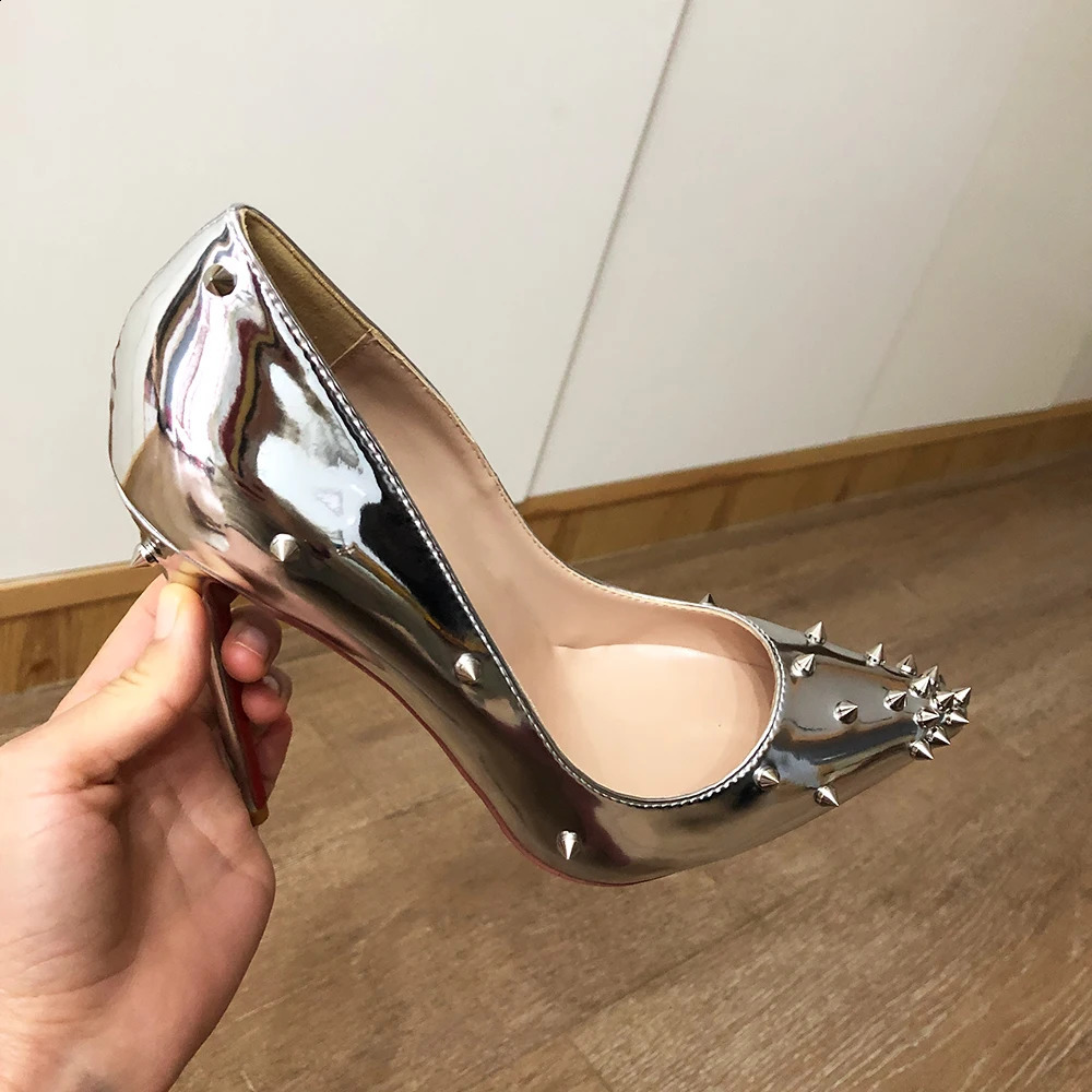 Veowalk Glossy Mirror Silver Women Partial Spikes Pointed Toe Sexy Stiletto Pumps Sparkly High Heel Party Shoes 8cm 10cm 12cm 250911