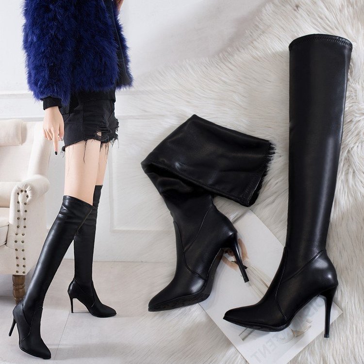 Black womens boots long pointed toes super high heels womens boots winter knee shaft boots trend half season 241116
