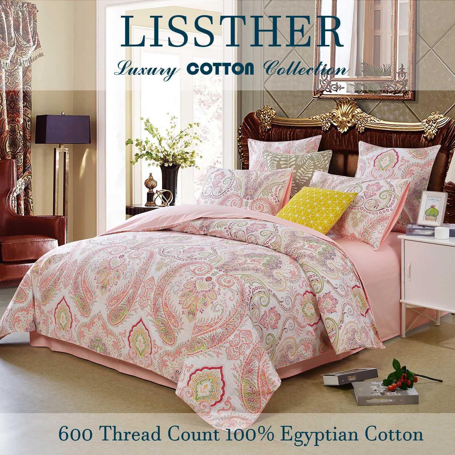 3pcs 600TC 100 Egyptian Cotton Duvet Cover Set Boho Pink Paisley Print Soft Breathable SkinFriendly No Inserts C250912