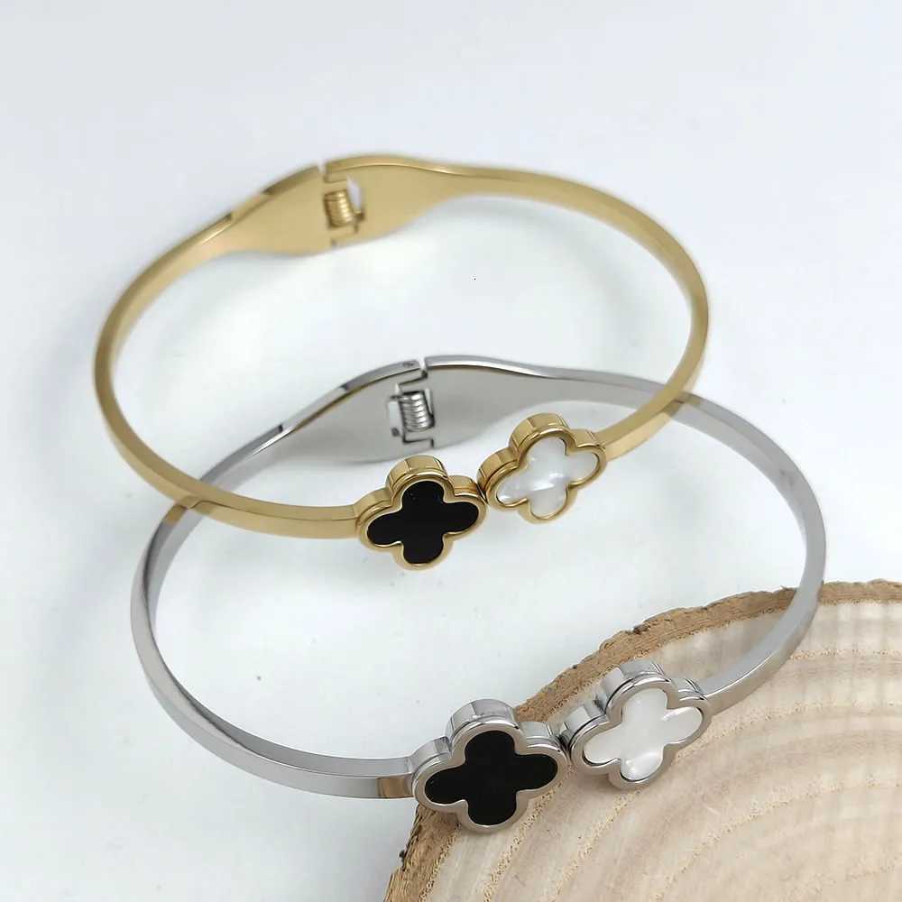 Luxury black and white double shell spring stainl steel bracelet wens cuff bracelet jewelry gif S250912