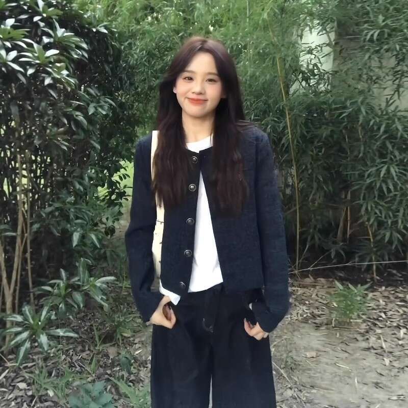 DHEssentials Korean Style Navy Blue Chanel-Style Coat for Women 2025 Autumn High-End Look Super Beautiful Petite Elegant Commuter Jacket