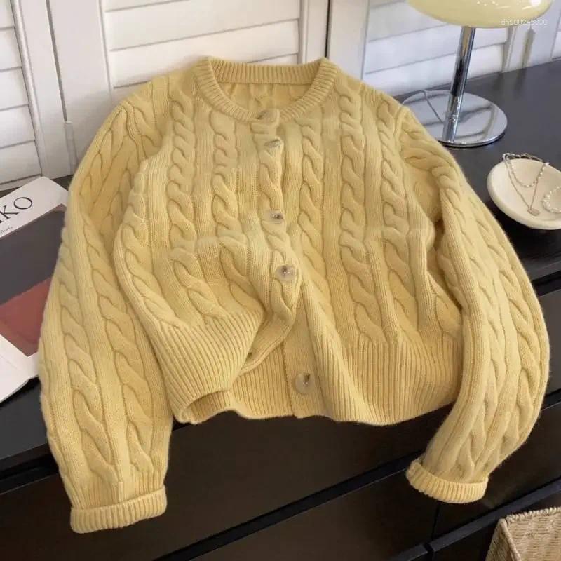 Women's Sweaters Loose Knitted Yellow Twist Open Cardigan Short Style Early Spring 2025 Sweater Top Crew Neck Pattern