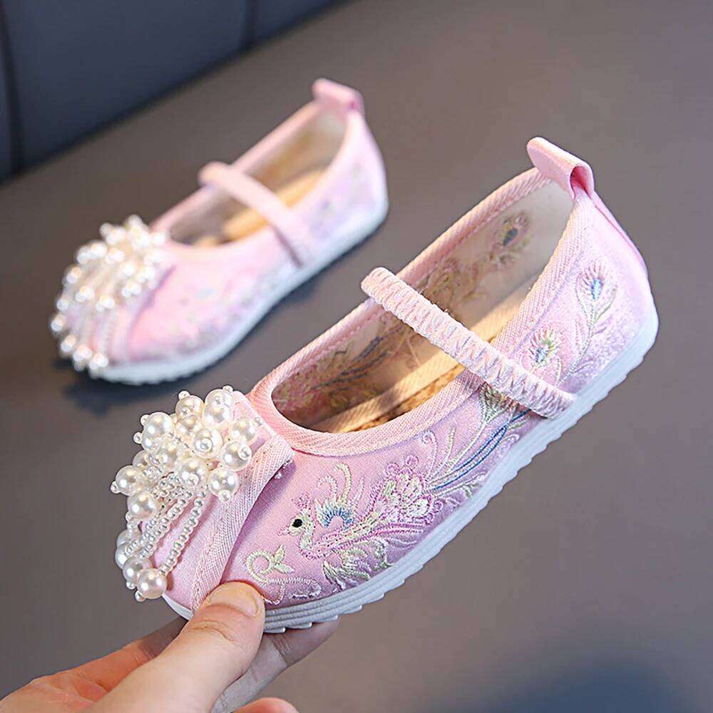 Baby Girls 2024 New Embroidered Ancient Dress Cheongsam Jade Beads Hanfu Performance Shoes