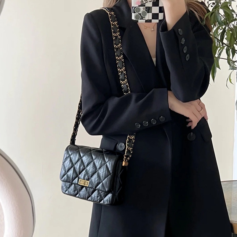 2025 New Black Leather Diamond Lattice Flap Bag Women Crossbody Purse European American Style