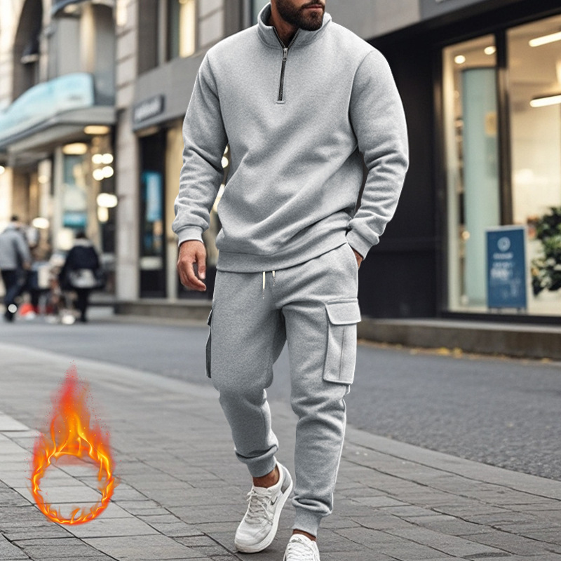 Mens tracksuit New American Style Men's Casual Fleece-Lined Warm Zip-Up Workwear Pants Set EU Size: S-3XL