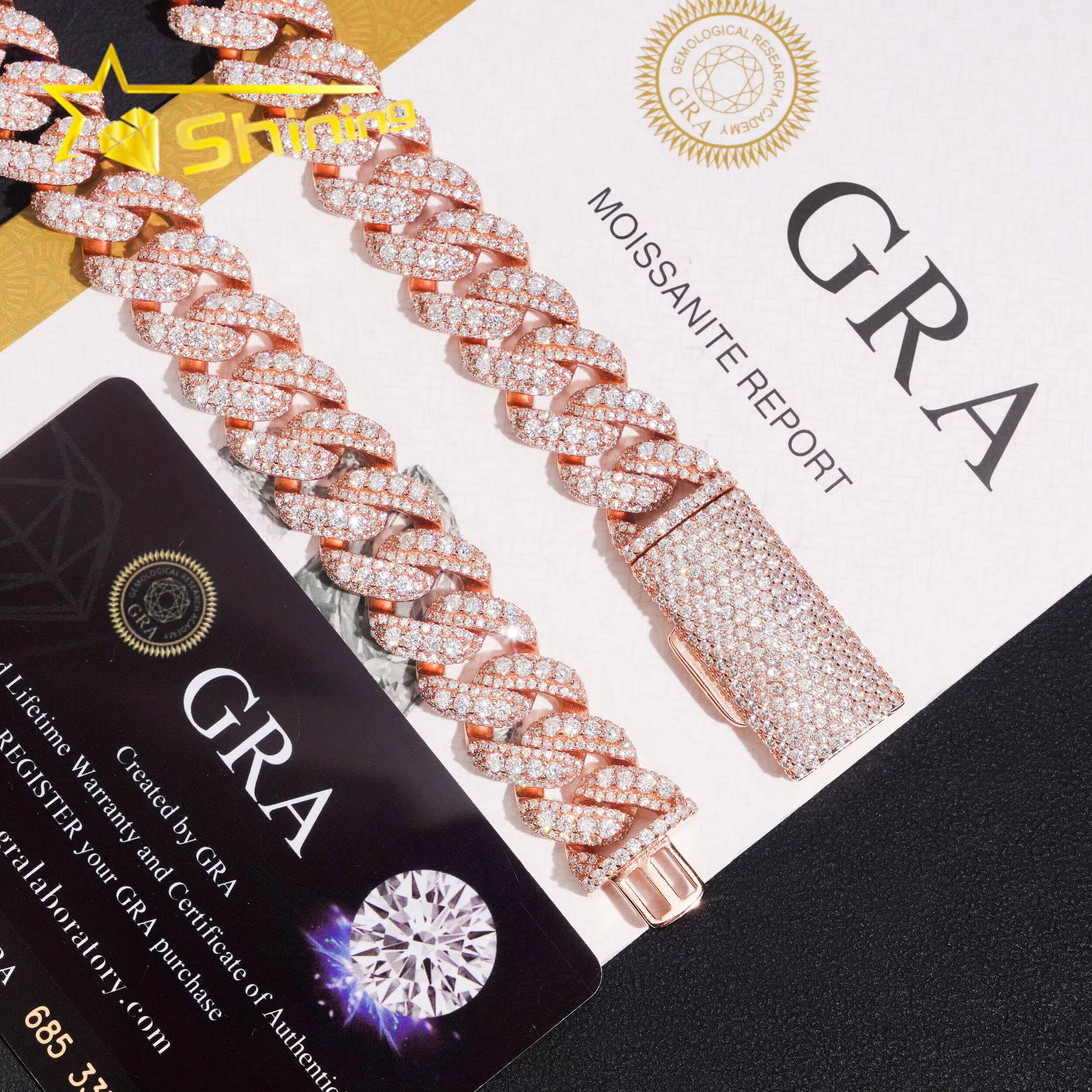 Hot Selling 15mm Width Moon Shape 925 Silver Cuban Chain Moissanite Hip Hop Jewelry Custom Moissanite Cuban Link for Men