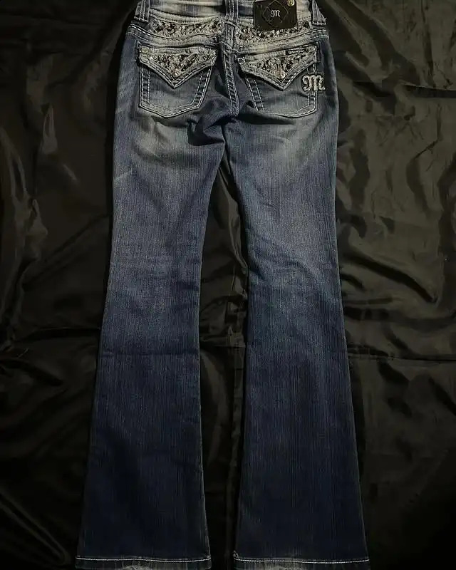 Streetwear Y2K Clothes Womens Vintage Pocket Sequin Washed Blue Baggy Jeans Mid Rise Slim Fit Trousers Z260313