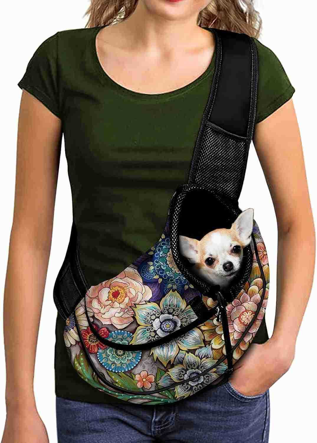 Mandala Flowers Pet Dog Sling Carrier Colorful Puppy Sling Bag Small Cats Sling Boho Style Adjustable Strap Breathable Mesh Pet Carrier Front Pack for