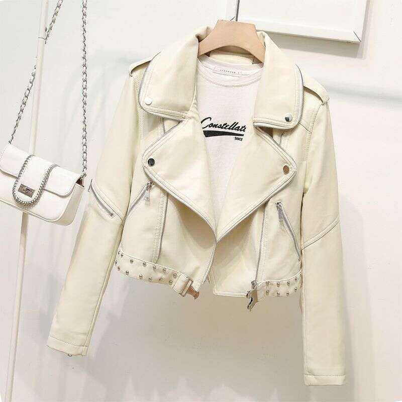 Women's Belt Rivet Heavy Industry Zipper Decorative Lapel Ladies PU Clothes Epaulets Leather Jacket